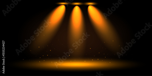 Realistic golden stage spotlights shining down on a dark background with glowing particles. Elegant theatrical lighting setup, perfect for award ceremonies, shows, performances, product presentations