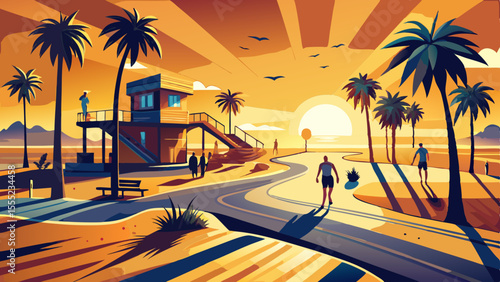 Golden light spills across the sand as palm trees cast long shadows. Skateboarders and cyclists move along the beachfront path, and the famous lifeguard towers stand silhouetted against the sky. In 