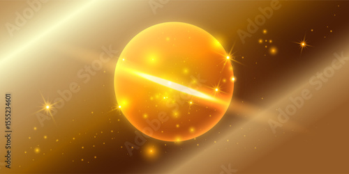 Bright glowing golden sphere with light rays and sparkles on a soft gradient background. The luminous orb emits warm starbursts and magical glow, evoking a festive and dreamy atmosphere. 