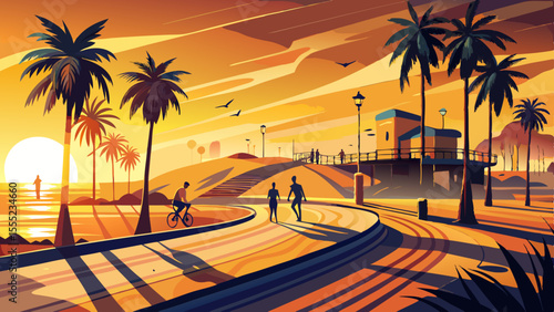 Golden light spills across the sand as palm trees cast long shadows. Skateboarders and cyclists move along the beachfront path, and the famous lifeguard towers stand silhouetted against the sky. In 