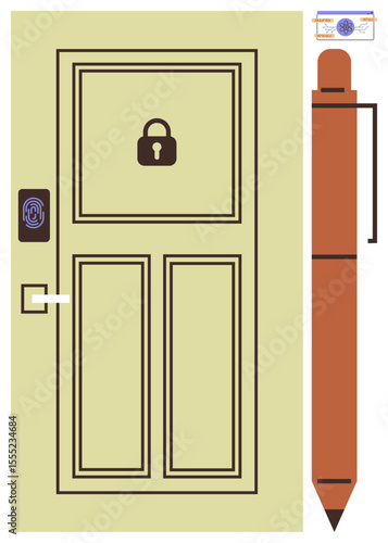 Locked door with fingerprint scanner, keypad lock, and a pen highlighting advanced security, biometrics, and data authorization. Ideal for concepts of privacy, protection, security, high-tech