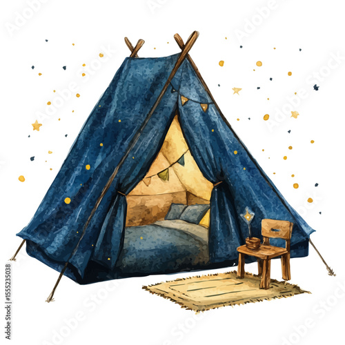Starry Summer Night Tent, watercolor painting vector, isolated on a white background.