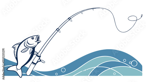 Anglers Catch LineArt Illustration of Fish on Hook.