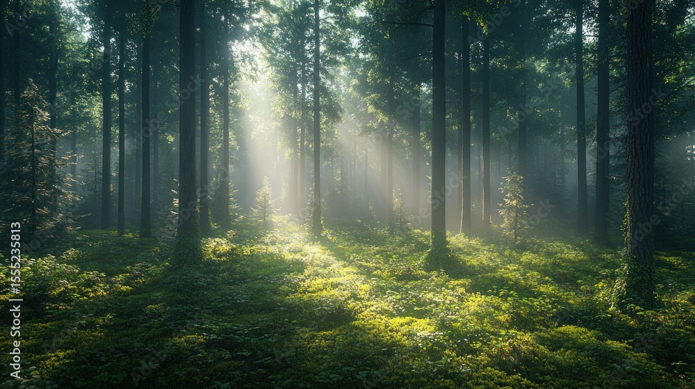 Fototapeta premium Sunlight streams through a misty forest