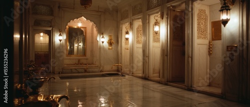 A blue shawl draped elegantly over a golden-hued armchair, creating a contrast of color and texture.
