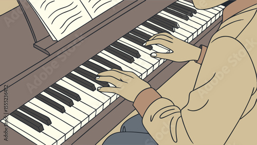 Hands Playing a Grand Piano Keyboard.
