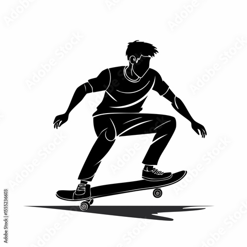Dynamic Silhouette of a Young Man Enthusiastically Skateboarding in Action Against a Clean White Background