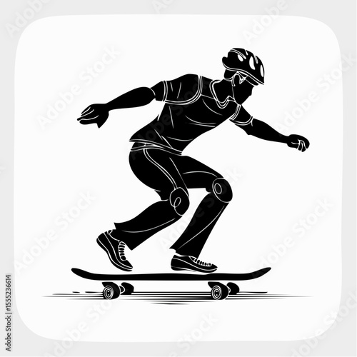 Dynamic Silhouette of a Young Man Enthusiastically Skateboarding in Action Against a Clean White Background