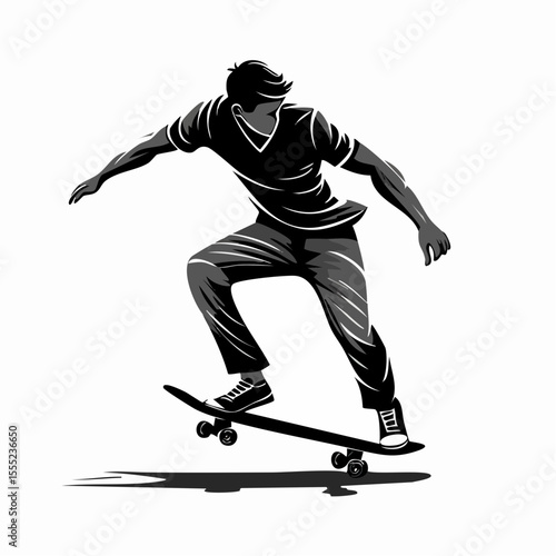 Dynamic Silhouette of a Young Man Enthusiastically Skateboarding in Action Against a Clean White Background