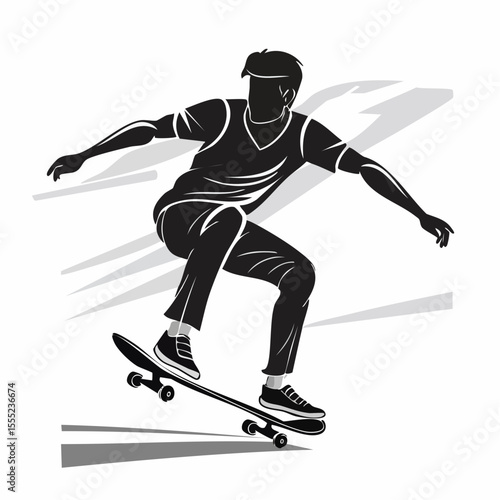 Dynamic Silhouette of a Young Man Enthusiastically Skateboarding in Action Against a Clean White Background