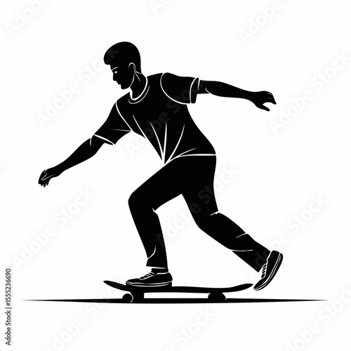 Dynamic Silhouette of a Young Man Enthusiastically Skateboarding in Action Against a Clean White Background