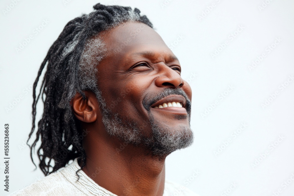 Obraz premium A masculine beauty with a relaxed and happy expression. A glowing and peaceful man expressing warmth. A handsome man with a captivating smile. A peaceful and content male enjoying his portrait.