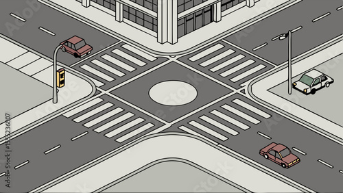 Isometric City Intersection with Cars Crosswalks and Building.