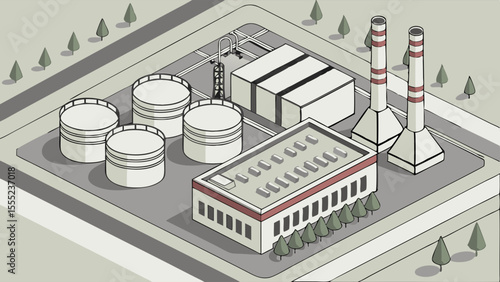 Isometric Industrial Complex with Storage Tanks and Chimneys.