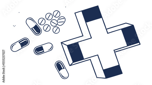 Isometric Medical Cross with Scattered Pills and Capsules.