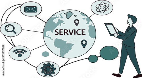 Businessman interacting with global service network via tablet technology and digital icons isolated on transparent background