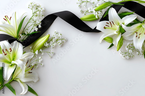 Elegant lilies and black ribbon funeral arrangement on white background, commemorating with floral arrangement and a black bow