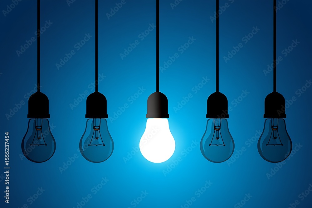 Naklejka premium A Single Bright Light Bulb Shines Amongst Five Dim Bulbs Illustrating Unique Ideas