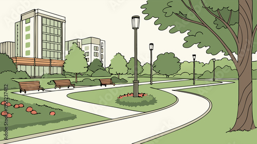 Modern City Park with Winding Paths Benches and Streetlights.