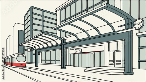 Modern Tram Station with Train and Architectural Buildings.