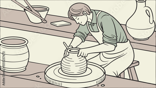 Potter Shaping Clay on a Wheel.