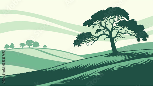 Rolling Green Hills Landscape with Silhouetted Trees and Sky.