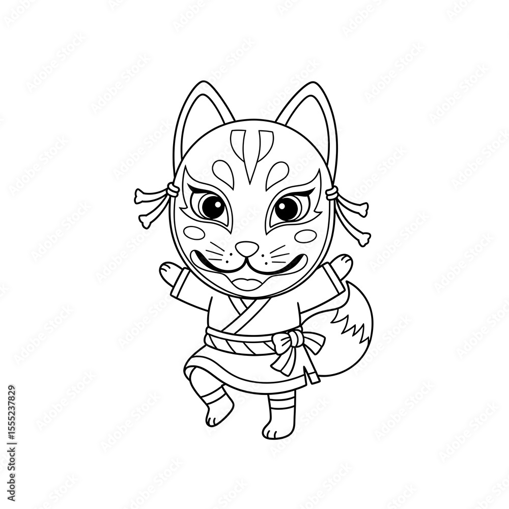 Obraz premium Cute cartoon fox spirit wearing a traditional japanese kitsune mask and kimono isolated on transparent background