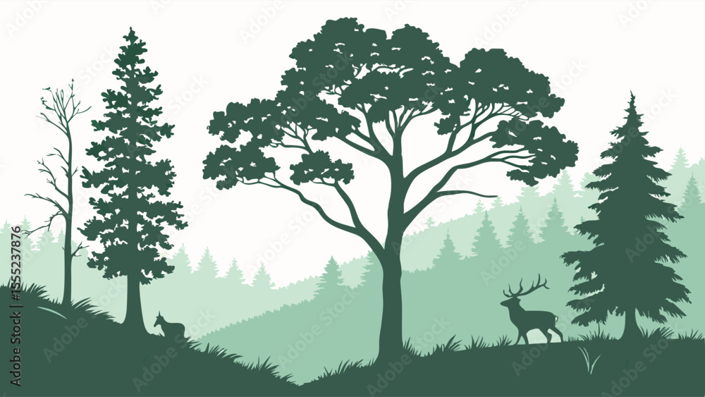 Obraz premium Silhouette of Forest Landscape with Deer and Rabbit.