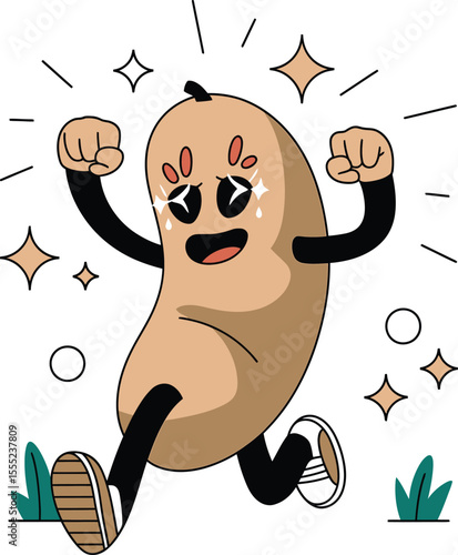 Happy bean pod character running with fists raised vector
