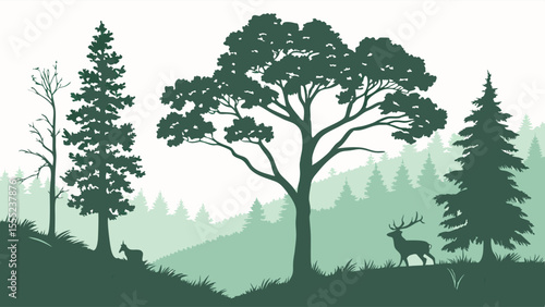 Silhouette of Forest Landscape with Deer and Rabbit.
