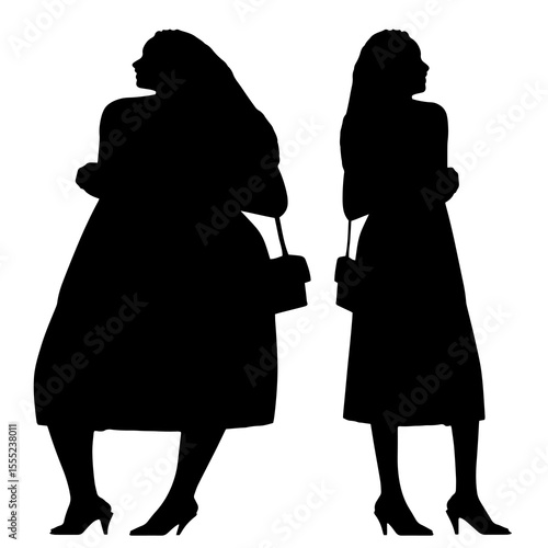 Conceptual fat overweight obese female vs slim fit healthy body after weight loss or diet on white background. A  fitness, nutrition or obesity, health shape illustration vector as silhouettes