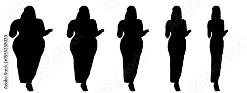Conceptual fat overweight obese female vs slim fit healthy body after weight loss or diet on white background banner. A  fitness, nutrition or obesity, health shape illustration vector as silhouettes