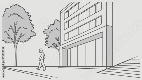 Sketch of a Person Walking Past Modern Building and Trees.