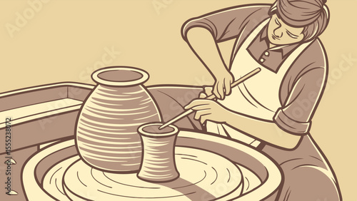 Skilled Potter Shaping Clay on a Pottery Wheel with Tools.