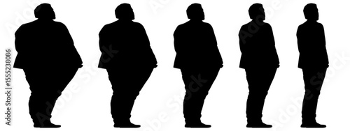 Conceptual fat overweight obese man vs slim fit healthy body after weight loss or diet, white background banner. A  fitness, nutrition or obesity, health care shape illustration vector as silhouettes