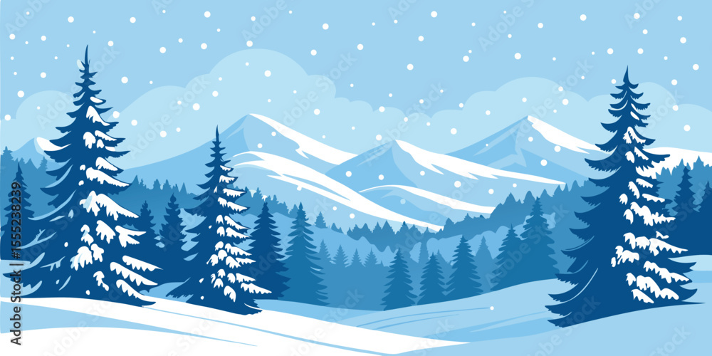 Obraz premium Winter Snowy Mountain Landscape with Christmas Trees. Vector Illustration