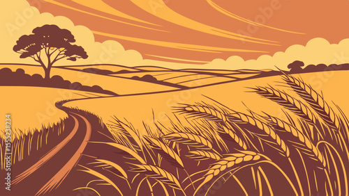 Stylized Illustration of a Wheat Field with a Winding Road.