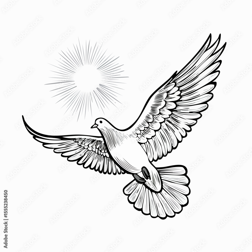 Obraz premium Dove flying in the sky with the sun shining behind it Image vector isolated on white background.