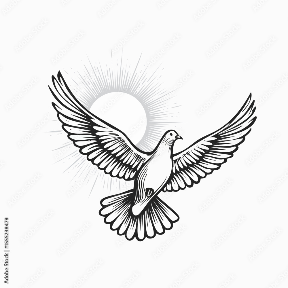 Obraz premium Dove flying in the sky with the sun shining behind it Image vector isolated on white background.