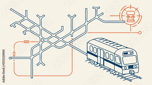 Subway map with train illustration in blue and orange lines.