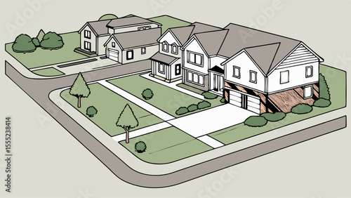 Suburban Neighborhood Aerial View TwoStory Homes and Landscaping.