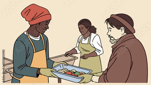 Three people preparing food in trays wearing aprons and hats.