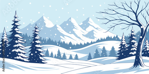 Christmas Snow Scene with Mountains and Pine Trees. Vector Illustration