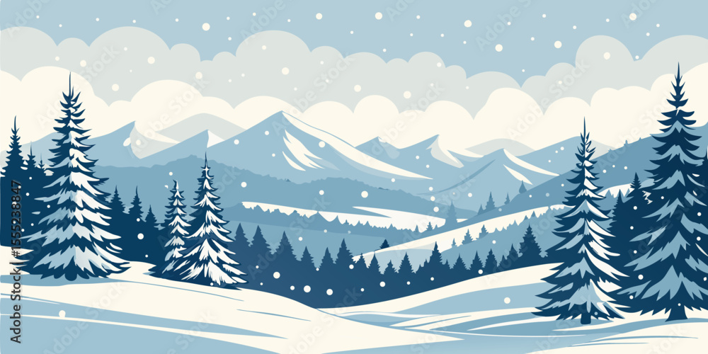 Fototapeta premium Christmas Snow Scene with Mountains and Pine Trees. Vector Illustration
