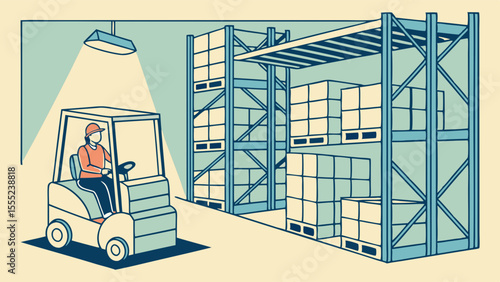 Warehouse Worker Operating a Forklift Near Palletized Goods.