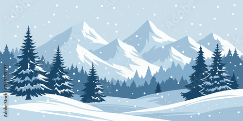 Christmas Snow Scene with Mountains and Pine Trees. Vector Illustration