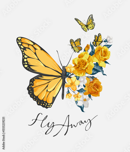 fly away calligraphy slogan with butterfly half yellow flowers vector illustration