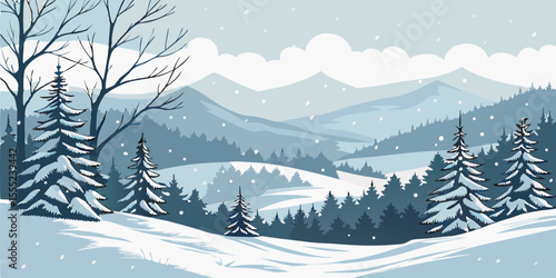 Christmas Snow Scene with Mountains and Pine Trees. Vector Illustration