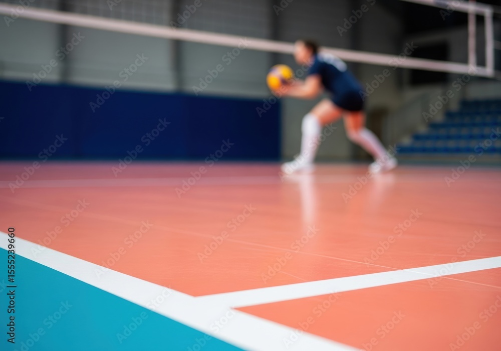 Fototapeta premium Dynamic Volleyball Action on Court. A focused athlete on a vivid playing surface, prepared for an intense sports challenge. Captures dedication and athletic pursuit.