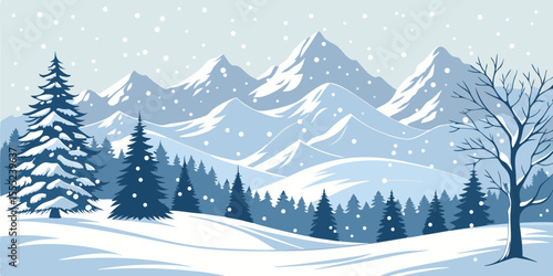 Christmas Snow Scene with Mountains and Pine Trees. Vector Illustration